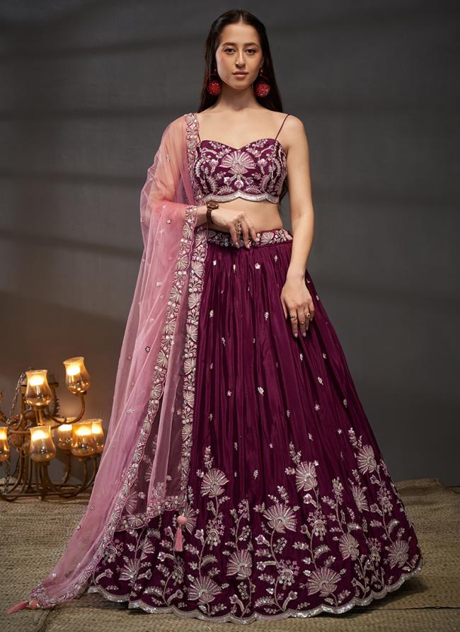 Pure Chiffon Burgandy Party Wear Sequins Work Lehenga Choli